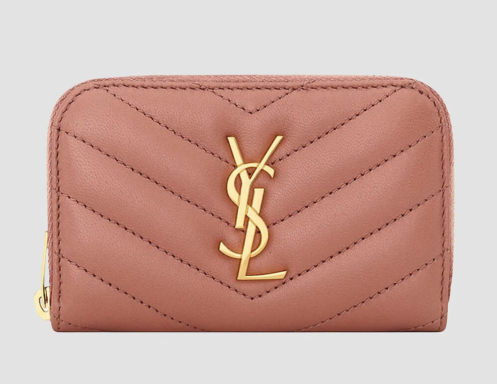 Saint Laurent Cassandre Quilted YSL Barely Pink Leather Zip Around Card Wallet